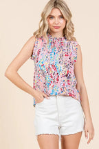 Lime 'N' Chili Top Floral Pink Graphic Print Ruffle Trim Mock Neck Sleeveless 0b4ed09d473e46c38c3ecd6386eaa021-Max-Origin Trendsi