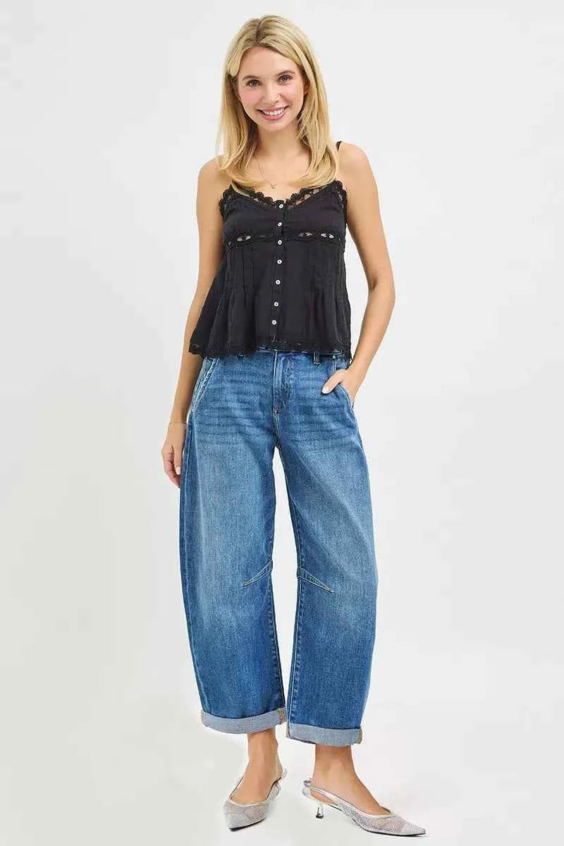 RISEN Cropped Barrel Jeans Slouchy With Cuffed Hem Medium Wash 0b535cda83a74f31a0942275131d0d62-Max-Origin Trendsi
