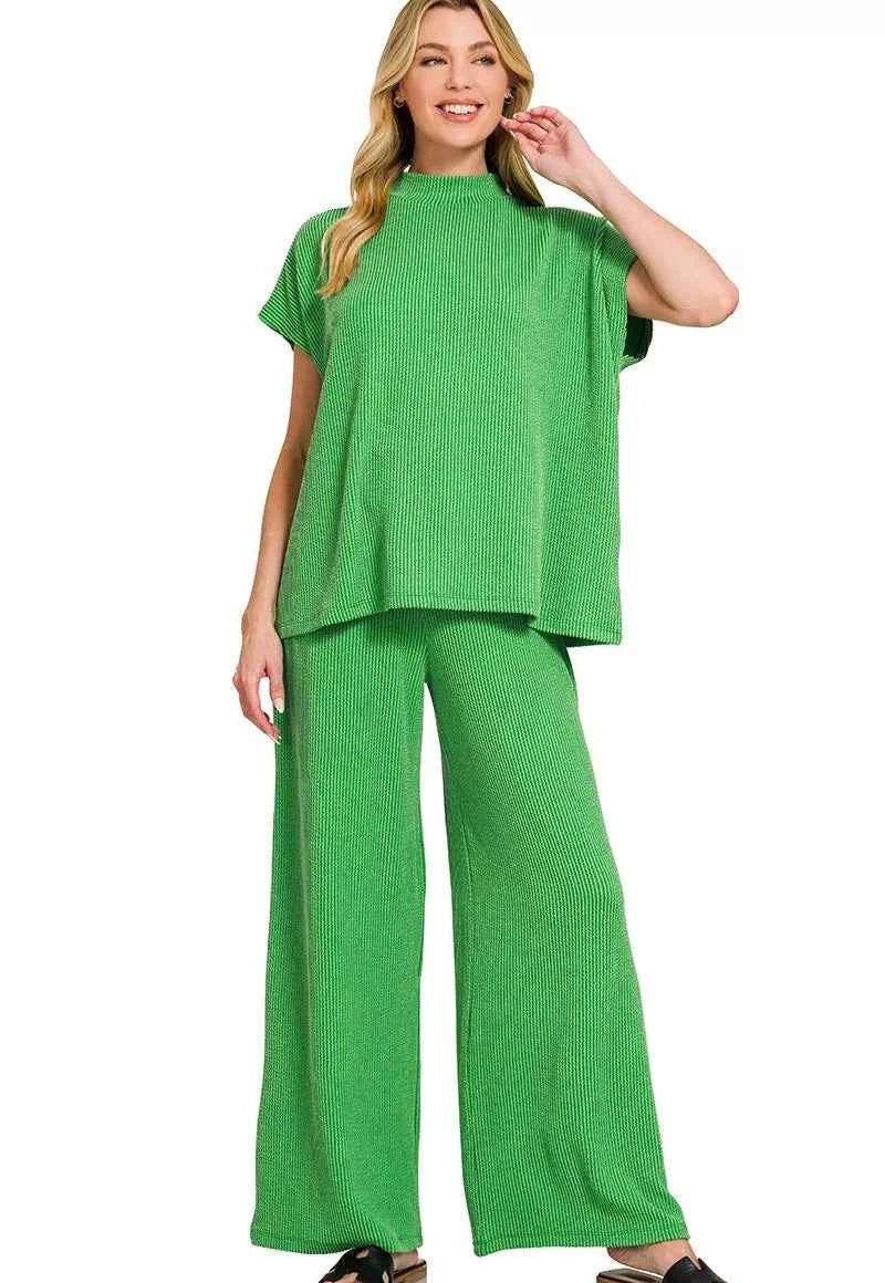 Zenana Outfit Set Green Raised Rib Short Sleeve Top Tee & Pants K GREEN 0b684684f0654bf787c30b17bd48e22d-Max-Origin Trendsi