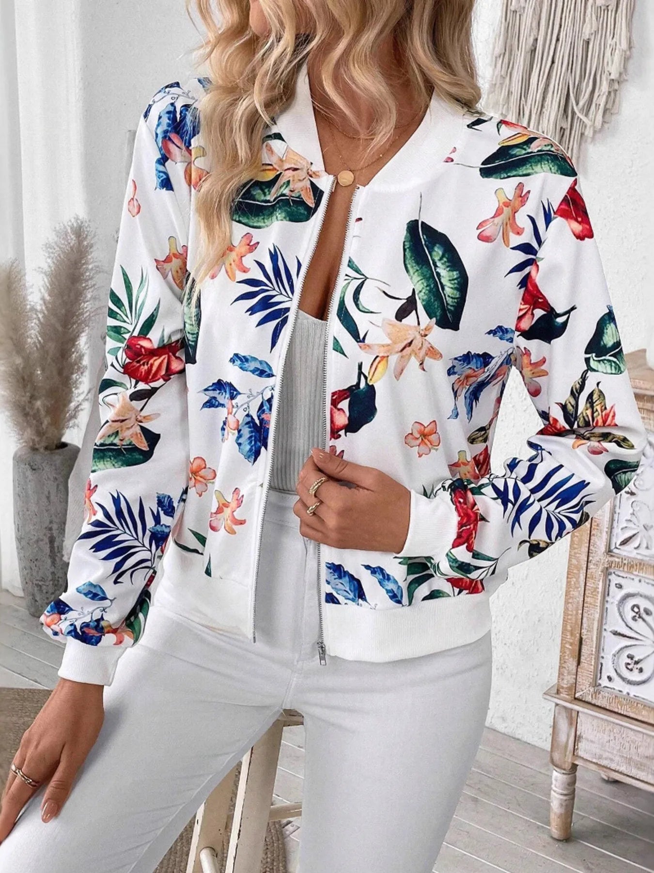 Women's Jacket Floral Printed Zip Up Long Sleeve Outwear