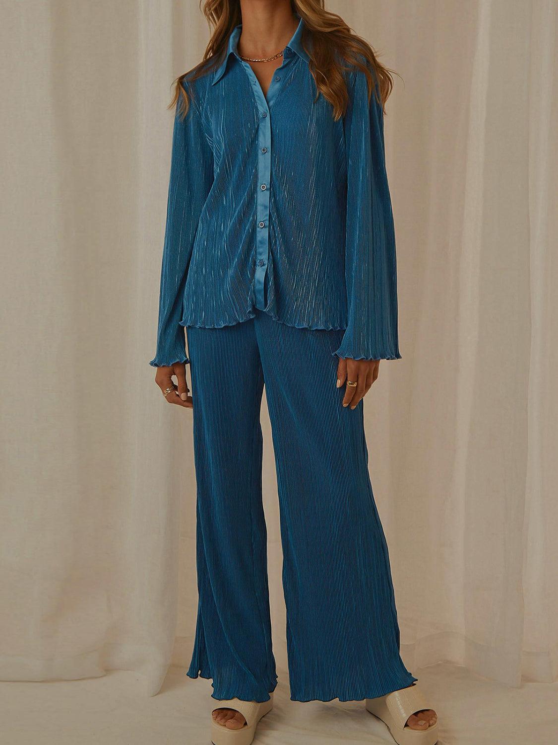 Lounge Set Collared Neck Long Sleeve Top and Pants Peacock Blue 0b77fc9e-4ecd-4f2e-b7e9-6a16a3945f94-Max Trendsi