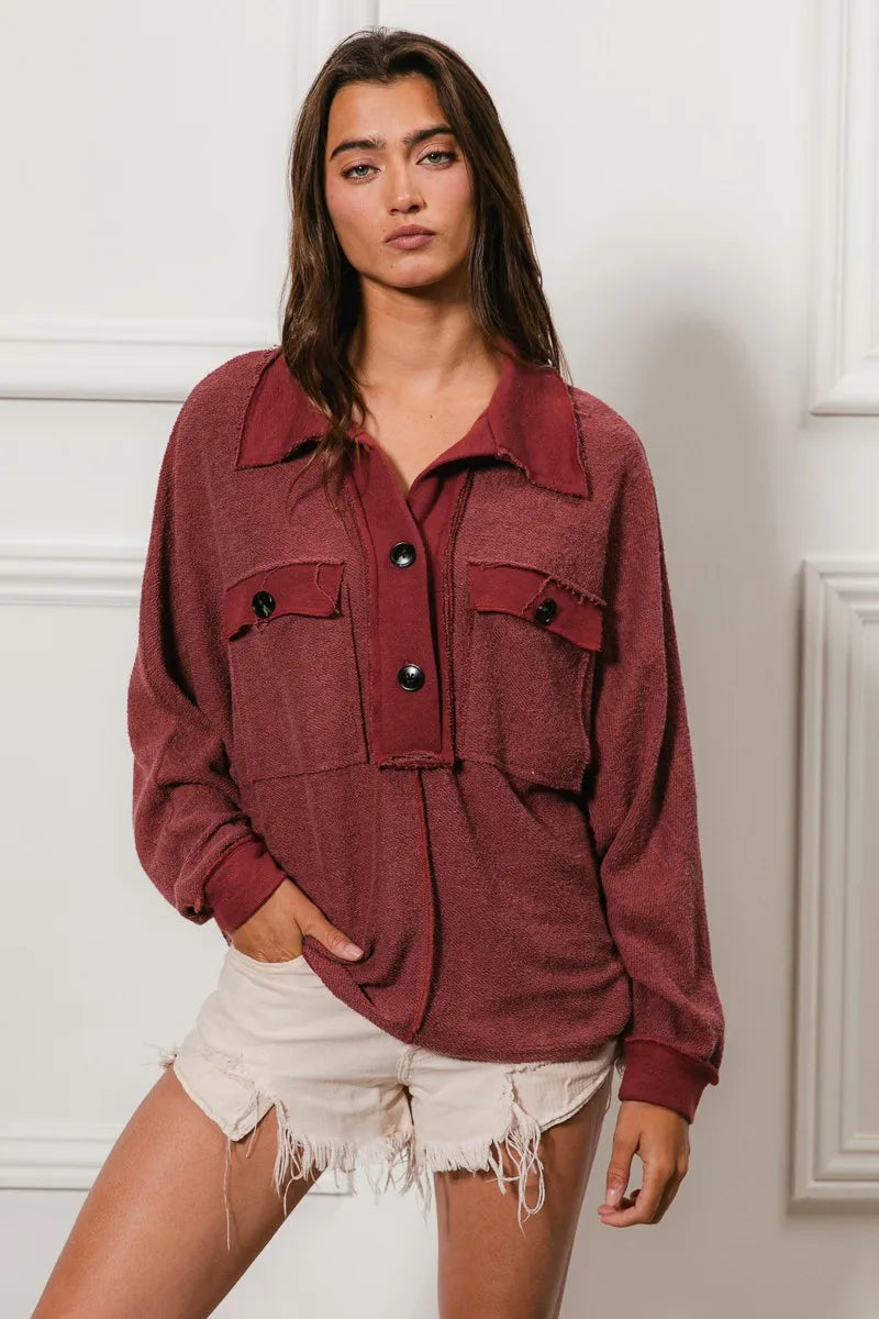 BiBi Women's Collared Top Cp French Terry Cut Edge Detail Pocketed 0b845715821f41578165bb1add3d7a36-Max-Origin Trendsi