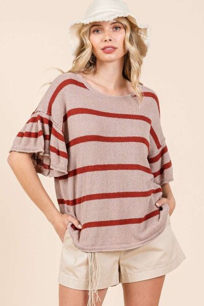 Mittoshop Striped Knit Top Flounce Sleeve Short Sleeve Blouse 0b94811e-7681-42a3-b4eb-e8a8309ad640-Min Trendsi