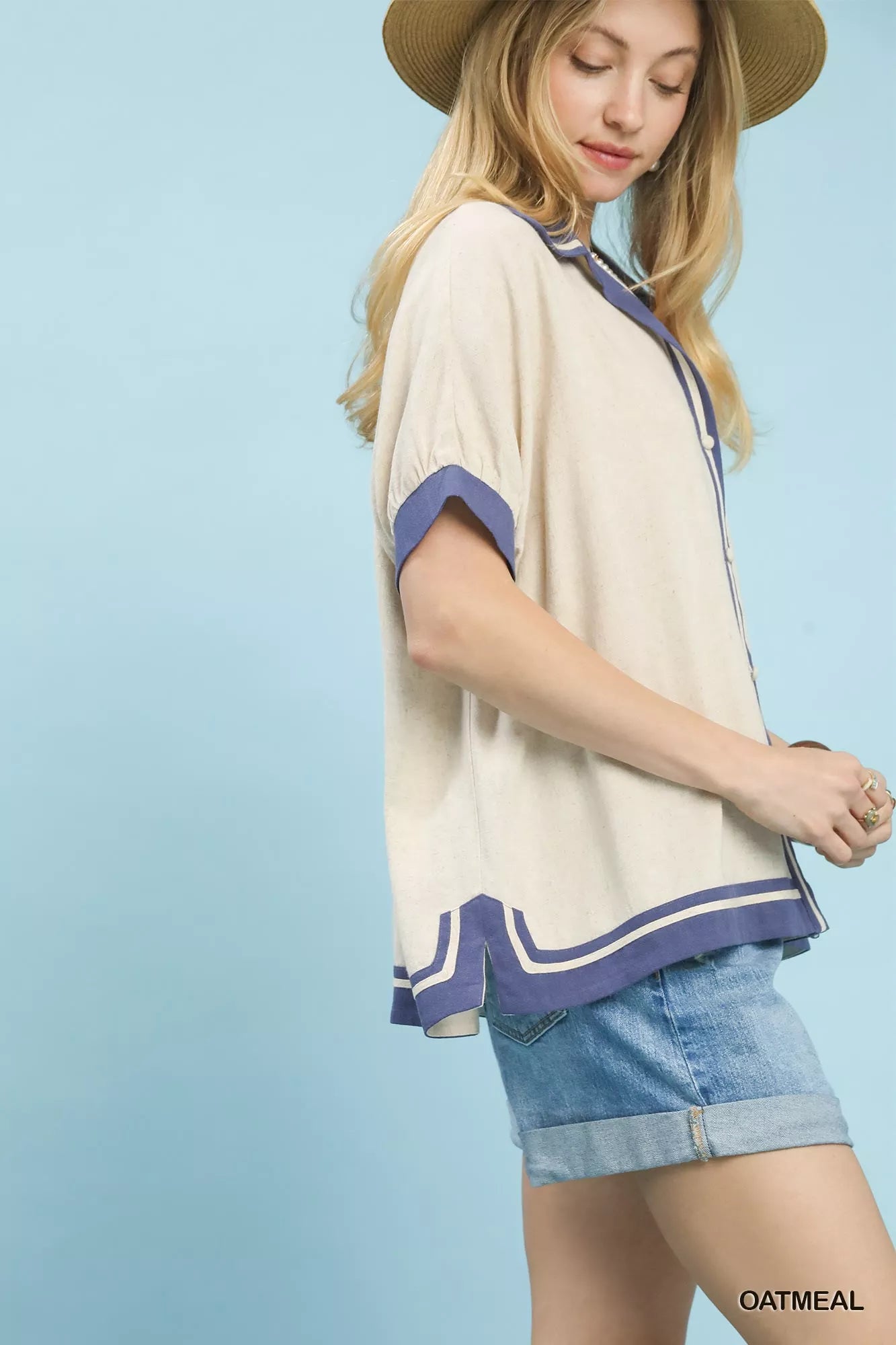 Umgee Linen Blouse Button Front Top with Contrast Piping Short Sleeve 0b9bbb1d-0016-42ad-a964-3712e28b2c8f-Max-Origin Trendsi