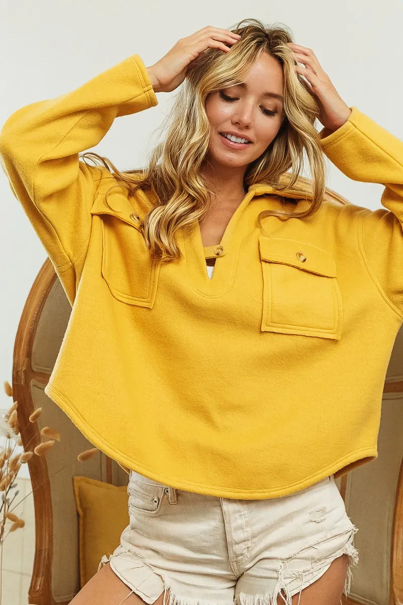 BiBi Sweatshirt Mustard Cotton Blend Fleece Collared with Flap Pockets Top 0ba40c3f3403492b80dbd862c9e080f6-Max-Origin Trendsi