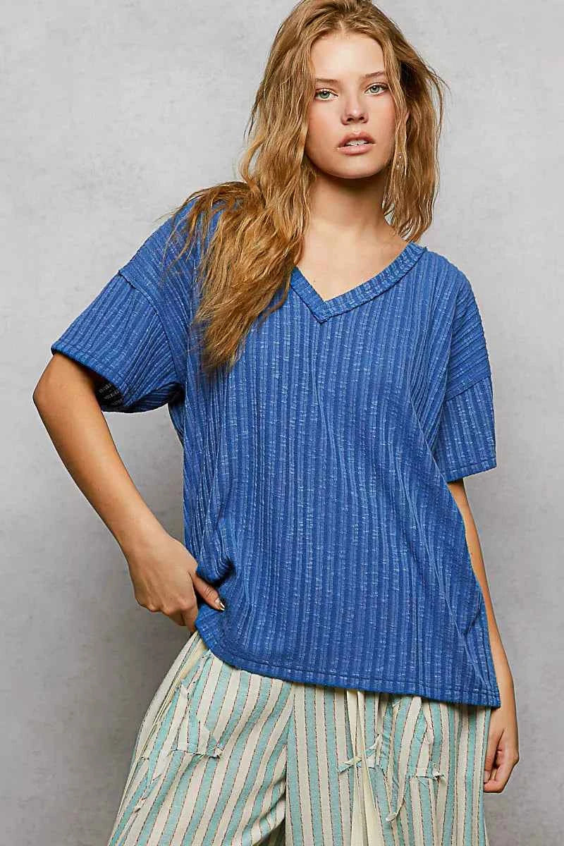 POL Ribbed Knit Top Blue V-Neck Short Sleeve T-Shirt with Side Slit COBALT BLUE 0bb72cff-35c9-41ce-bc09-0fee3ed0c6af-Max-Origin Trendsi