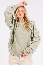 Mittoshop Ruffled Sweatshirt Sage Mineral Washed Round Neck Long Sleeve 0bc06cf8-bec5-4673-8cda-9fdc3ee4ae4d-Min Trendsi