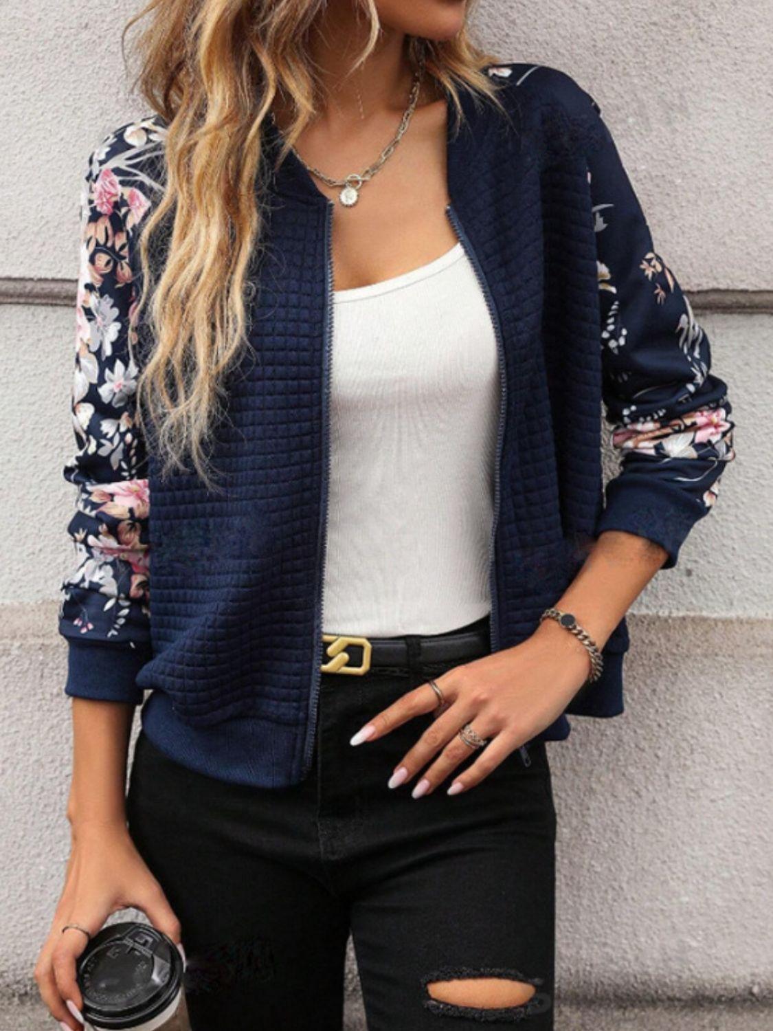 Zip Up Jacket Floral Print Long Sleeve Outwear 0bd93f7d-d70e-43c4-bdc9-31734c84661e-Max Trendsi