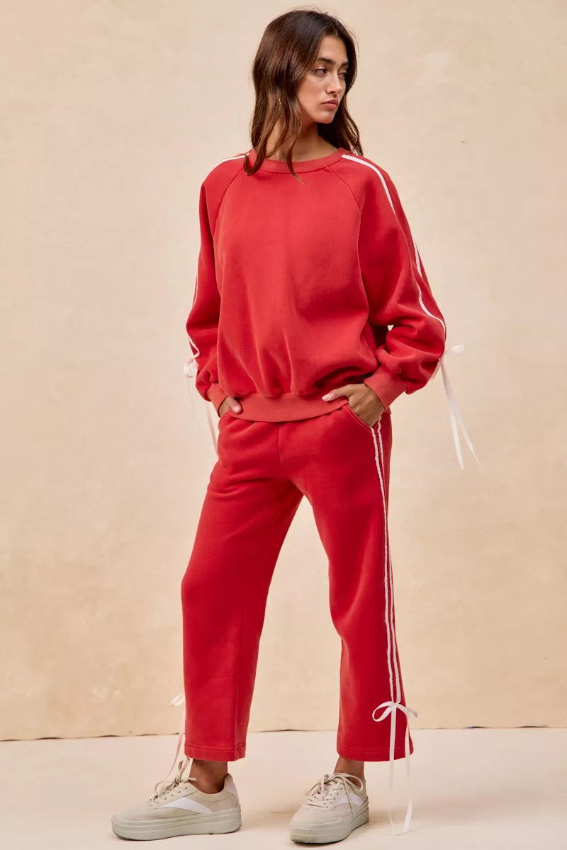 BiBi Womens Fleece Sweatpants Red Side Lined Bow Details Pocketed 0be34eb854dd4bd2bdb4abe46dcbab9d-Max-Origin Trendsi