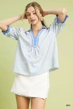 Umgee Womens Blouse Sky Blue Seersucker Stripe Ruffle Short Sleeve Top 0be47575-83e5-48d9-b782-77518bbe2b15-Max-Origin Trendsi