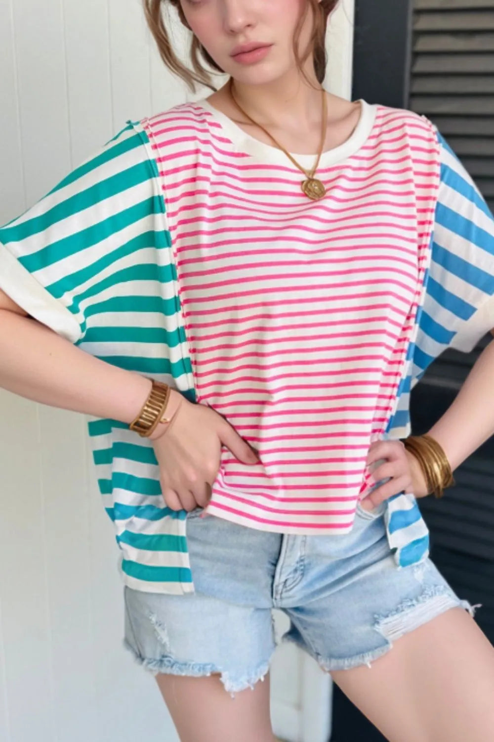 Women's T-Shirt Striped Color Block Batwing Short Sleeve Exposed seam Top Pink 0be702db-36a3-4996-8265-fdd9d77cd01f-Max-Origin Trendsi