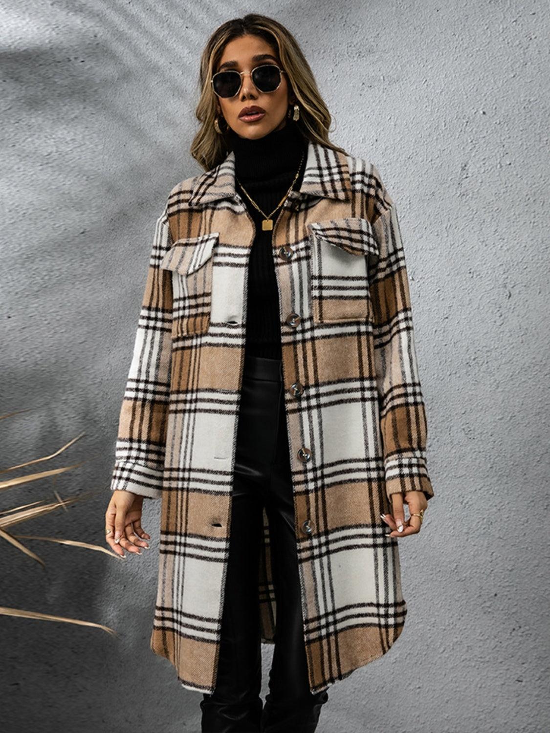 Plaid Coat Collared Neck Long Sleeve Pocketed Outwear 0be77a20-4e87-4ed2-a707-08350ac0909c-Max Trendsi