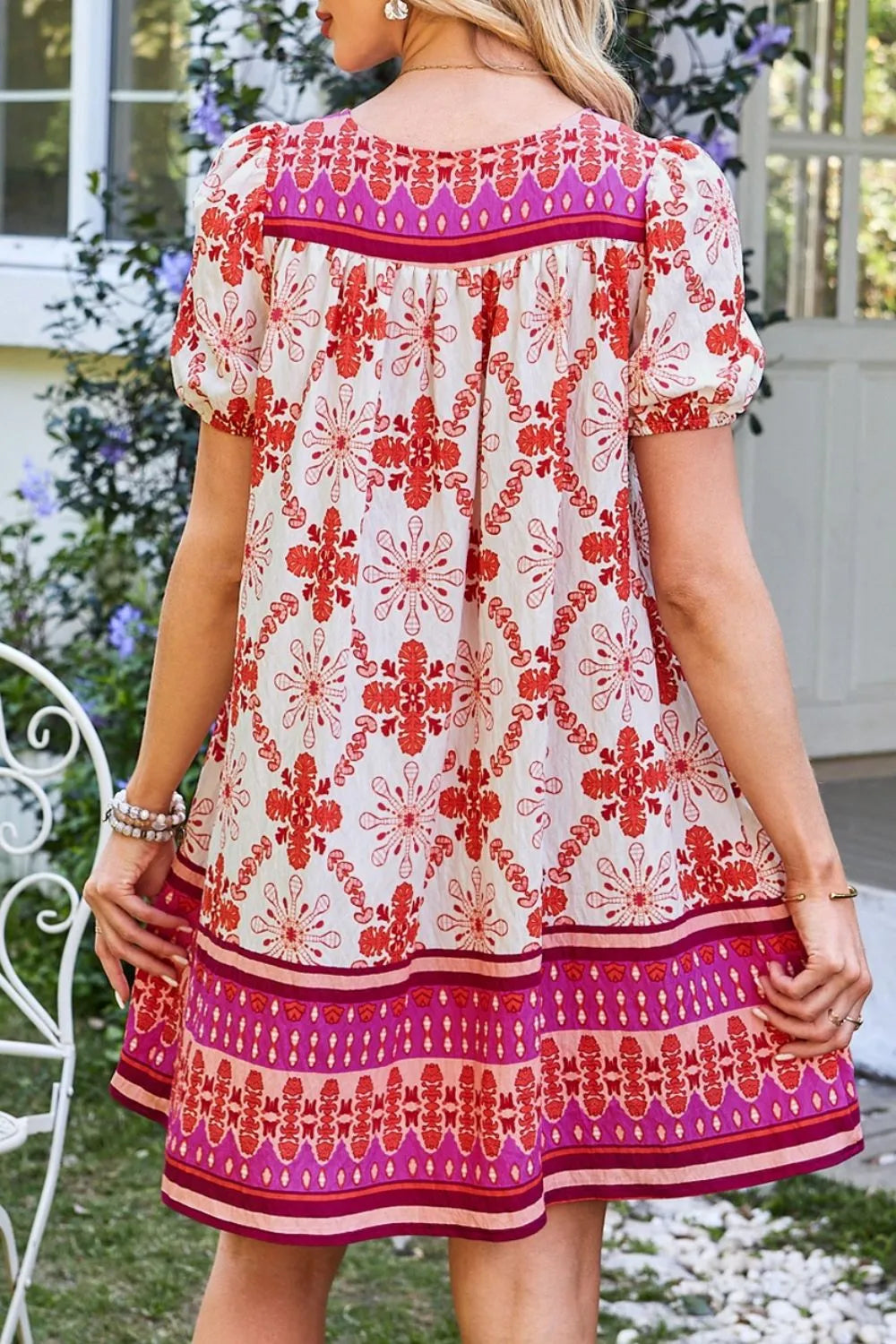 Boho Mini Dress Hot Pink Floral Short Sleeve Tie Neck 0bf029ad-2083-48f7-aebe-4c87abc248c8-Max-Origin Trendsi