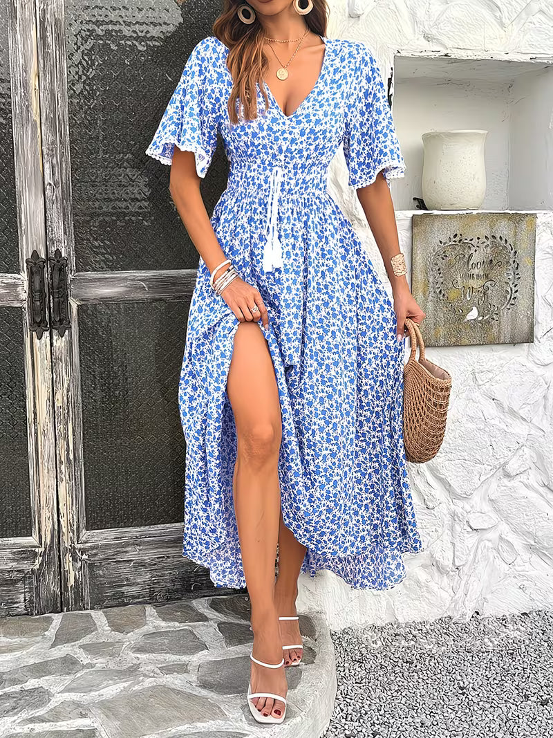 Women's Floral Midi Dress V-Neck Ruffle Short Sleeve Summer Fashion