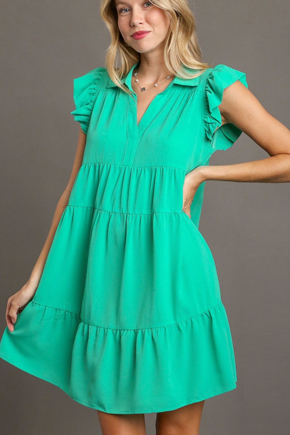 Umgee Mini Dress Ruffle Jade Green Johnny Collar Cap Sleeve Tiered Jade Green 0bf5b807-5e89-446d-9c9d-cf9497189ca5-Max Trendsi