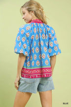 Umgee Womens Blouse Blue Boho Border Print Peasant Short Sleeve Top 0bf7226a-4935-42c8-93c6-1e96ba2578c6-Max-Origin Trendsi