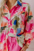 Women's Shirt Floral Pink Print Collared Ruffle Long Sleeve Blouse Pink 0c1521c6-c19a-4953-bc80-f65928fa7935-Max Trendsi