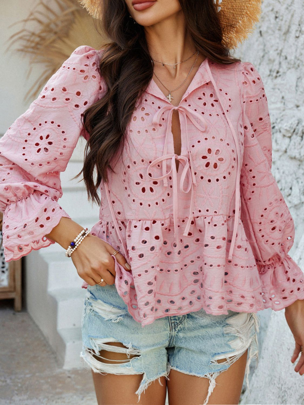 Crochet Blouse Ruffle Tie Front Flounce Long Sleeve Peplum Cut Out Embroidered 0c1f538d-8b6f-4f01-89f2-bf17aa60edc7-Max Trendsi
