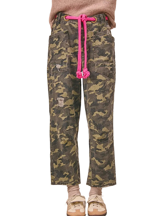 BiBi Braided Waist Belt Patch Pockets Camouflage Print Pants