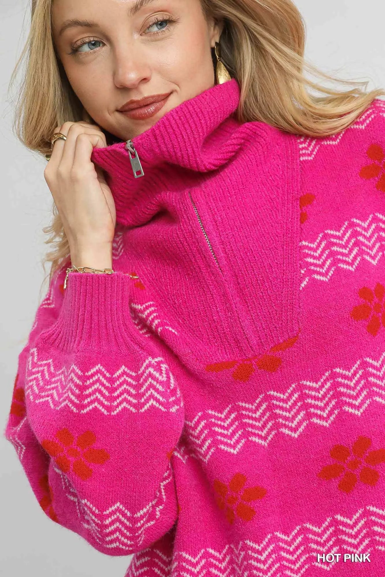 Umgee Womens Sweater Hot Pink Floral Patterned Jacquard Quarter-Zip Pullover 0c33e16d-8592-463a-84c7-c0de8b99ee15-Max-Origin Trendsi