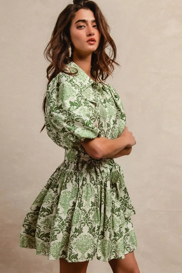 BiBi Mini Shirt Dress Green Cream Floral Bow Tied Belt Short Sleeve 0c344c880bb0455bac3935635da3b02c-Max-Origin Trendsi