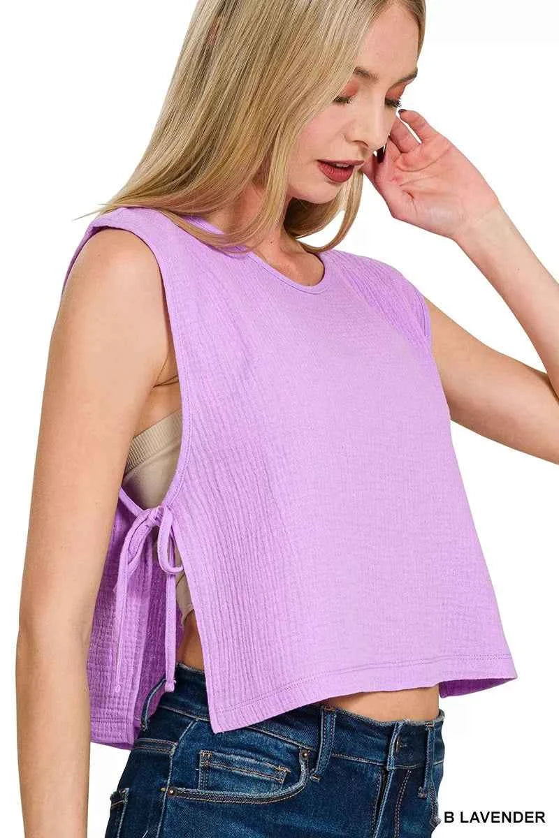 Zenana Women Blouse Lavender Double Gauze Side Tie Sleeveless Top 0c3474f3ed2d4359a1cd2c45ee443fac-Max-Origin Trendsi