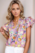 Floral Blouse Colorful Printed Notched Double Layered Ruffle Sleeve Top Dusty Pink 0c3d4040-78cb-49f6-973d-7b8e3620b943-Max-Origin Trendsi