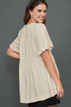 Umgee Babydoll Linen Blouse Raw Hem Notched Short Sleeve Oatmeal 0c41c40a-79ad-4696-b8b3-b97073c97b8e-Max Trendsi