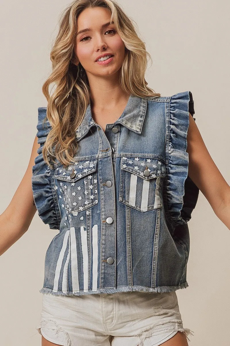 BiBi Denim Jacket American Flag Pockets Washed Ruffled Sleeves 0c45b6cc-5105-45d5-9b81-22fa32b6699e-Max Trendsi