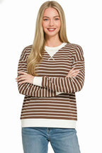 Zenana Contrast Striped Round Neck Sweatshirt