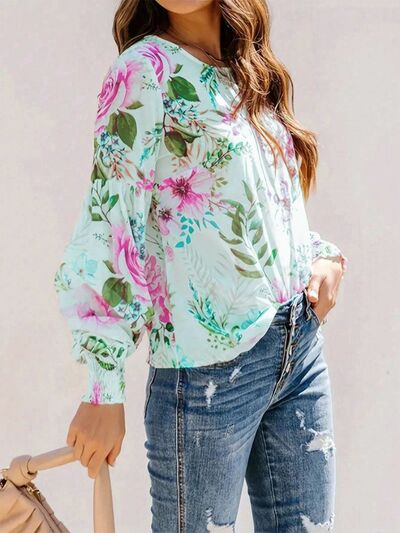 Floral Blouse Smocked Printed Round Neck Lantern Long Sleeve Top 0c539714-86bb-4c08-857b-a41393c50e4a-Min Trendsi