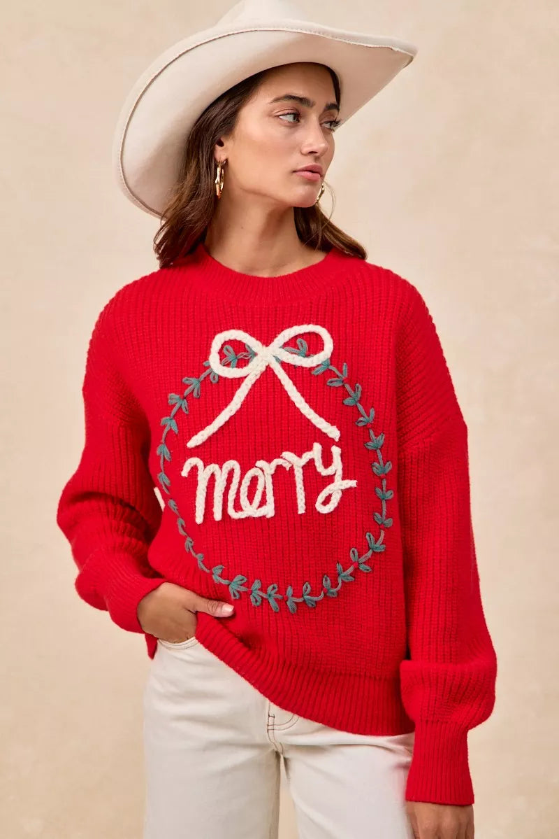 BiBi Christmas Womens Pullover Red Wreath Merry Letter Knit Top 0c57c18444e14fb1b5f4185c949ee88e-Max-Origin Trendsi