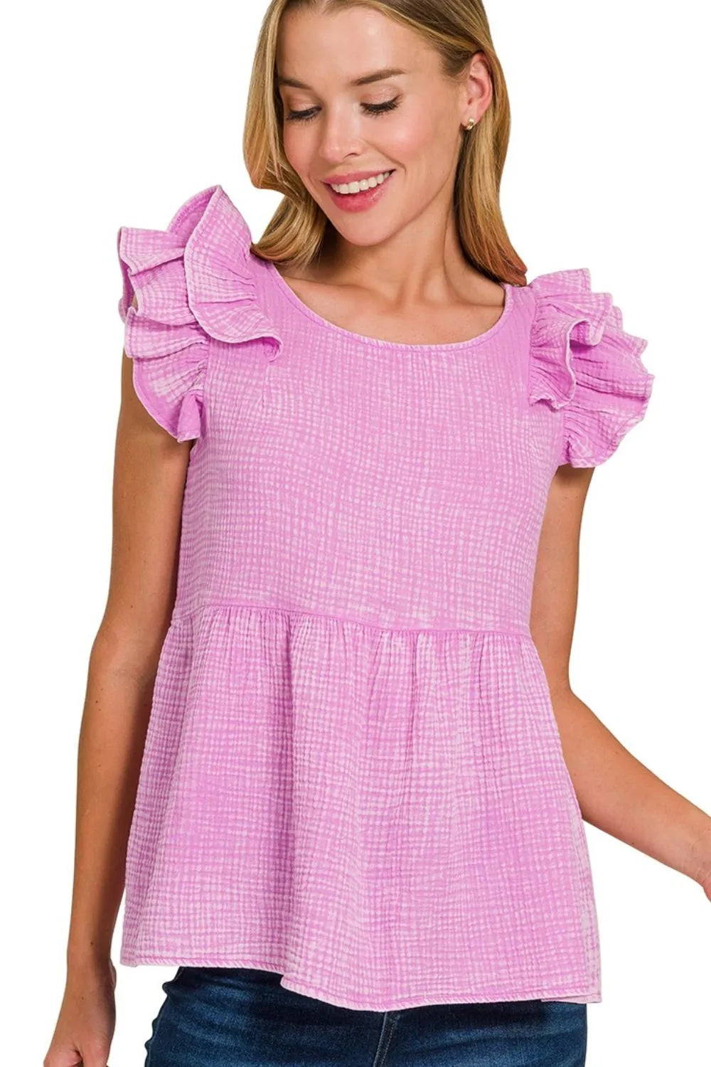 Zenana Top Mauve Acid Washed Double Gauze Tiered Ruffle Peplum T-shirt MAUVE 0c5df2a2-bd1a-4fed-9dff-4075cd0fb797-Max-Origin Trendsi