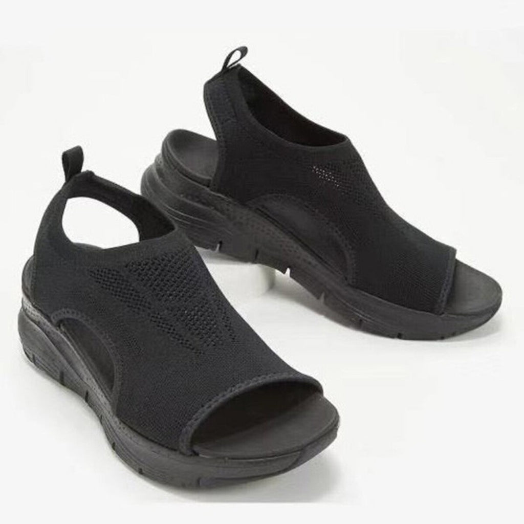 Open Toe Wedge Sandals with Low Heels, Mesh and Rubber Materials, Imported
