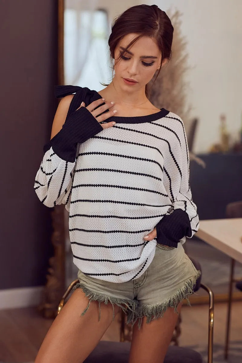 BiBi Blouse Stripe Yarn Dye Waffle One Shoulder Ribbon Detail Top 0c6175151a4b4296948b371474d48cdc-Max-Origin Trendsi