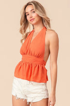 BiBi Tank Top Orange Ruched Back Open With Halter Neck Wrinkled 0c62296882a1451c93cab946fce875d9-Max-Origin Trendsi