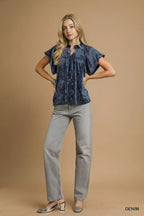 Umgee Women's Blouse Velvet Pleated Denim Blue Crushed Short Sleeve Top 0c64e38c-1641-4711-902e-6cfcf1fc4095-Max-Origin Trendsi
