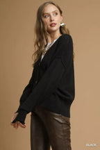 Umgee Womens Knit Cardigan Black Button-Front V-Neck Oversized 0c6ad321-b076-49fb-8b83-b083456d22a3-Max-Origin Trendsi