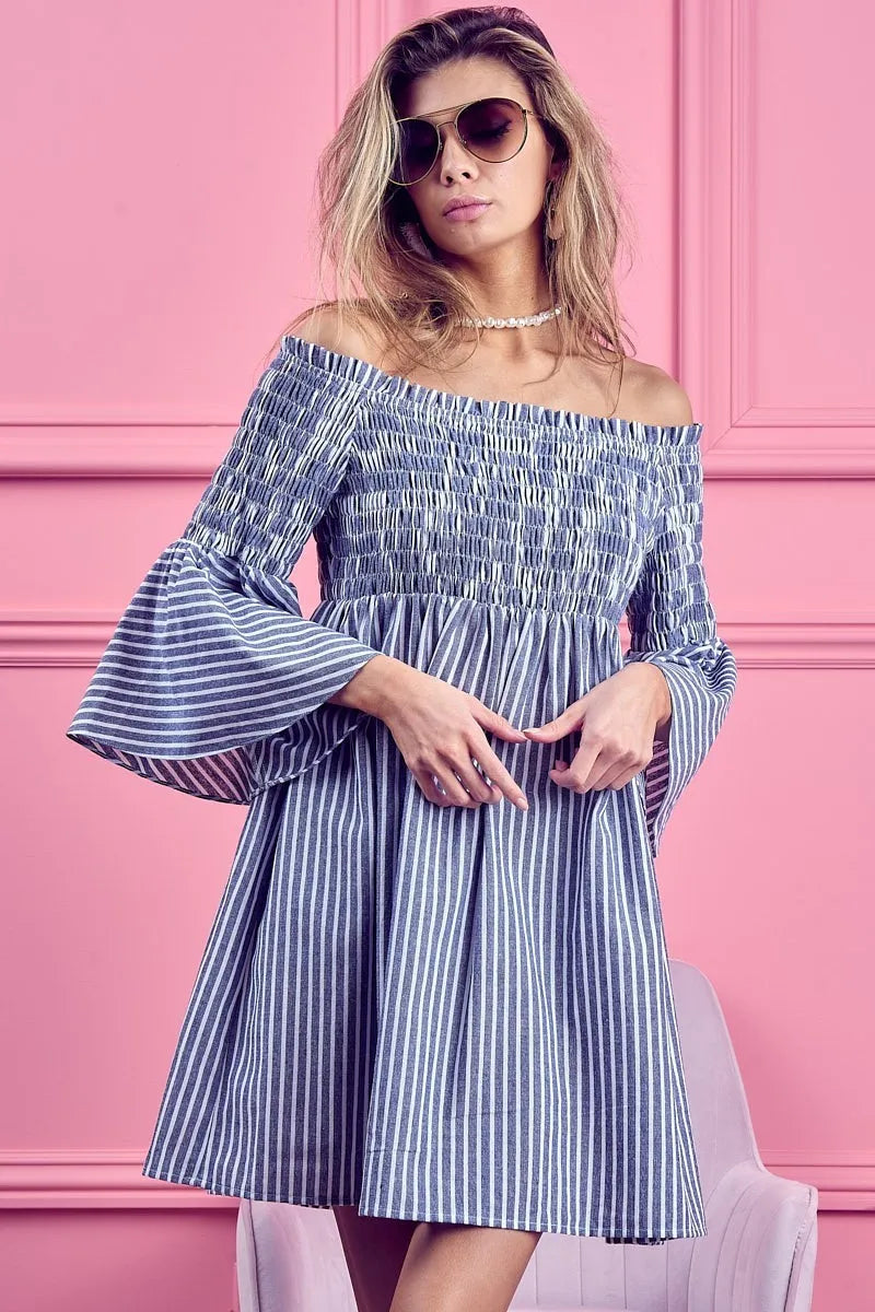 BiBi Short Dress Off Shoulder Denim Blue Striped Smocked Ruffled 0c6ad4db394645a2a2d554be10869595-Max-Origin Trendsi