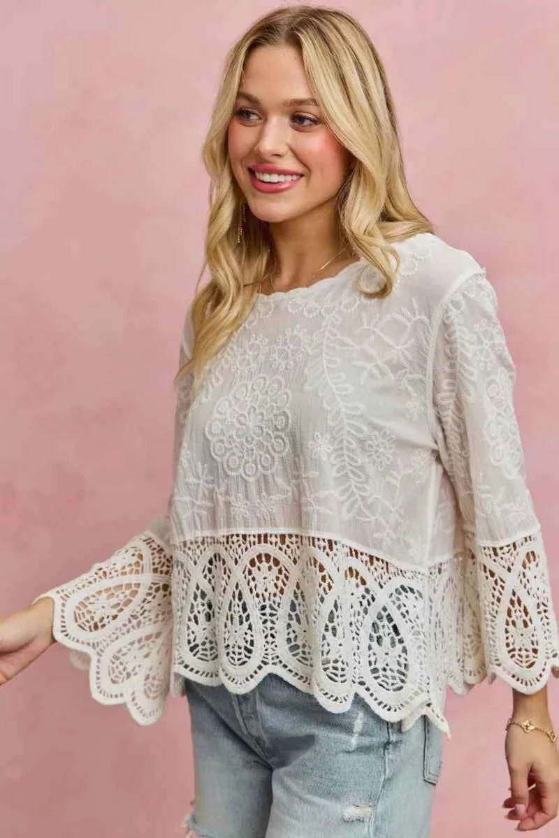 SO ME Floral Embroidered Crochet Lace Trimmed Top