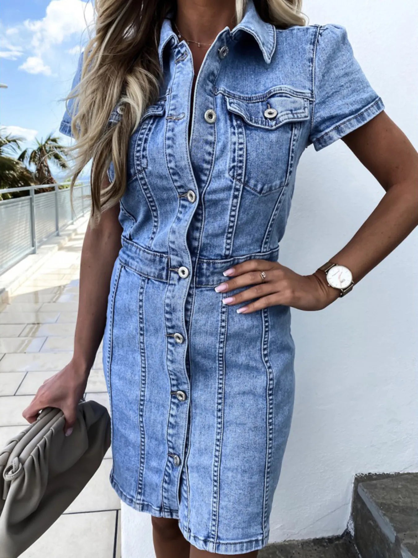 Denim Mini Shirt Dress Button Front Short Sleeve Slimming Medium Wash Medium 0c80121c37a44f2e9cd9e980adae4abf-Max-Origin Trendsi