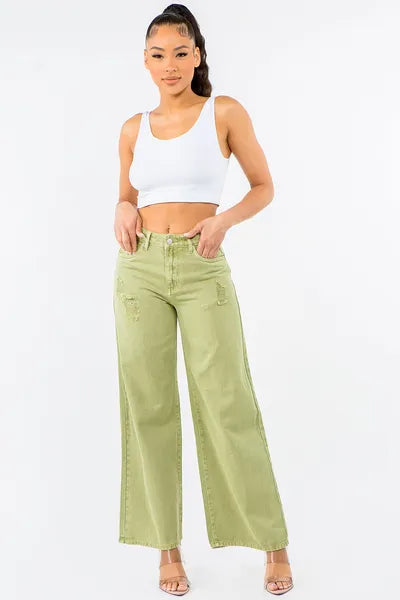 American Bazi Women's Jeans High Waist Distressed Wide Leg Yellow-Green Denim
