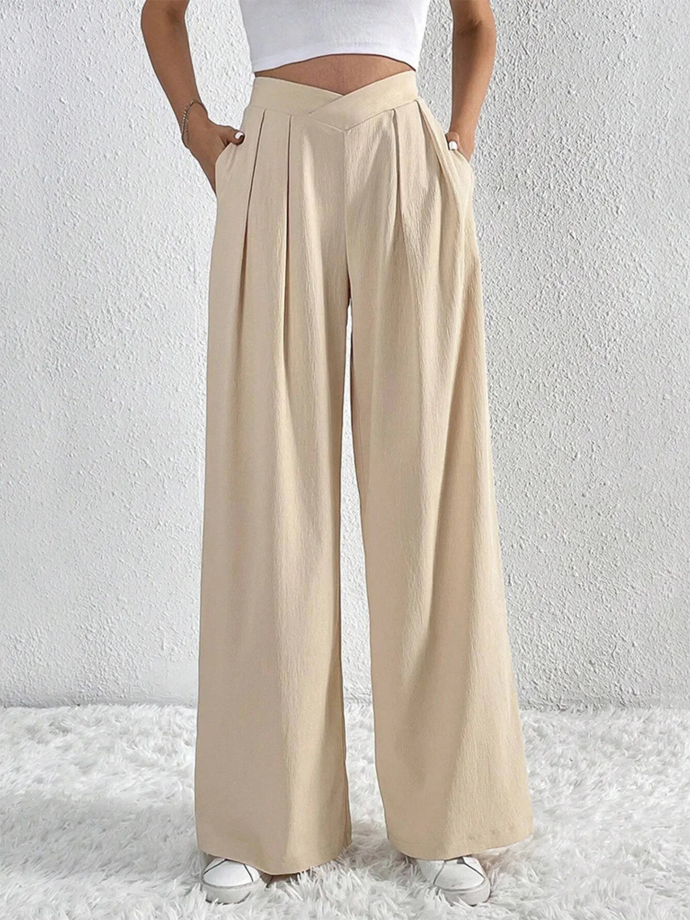 Women's Pants V-Waisted Ruched Front Wide Leg Trousers Pocketed Beige 0c845998b0034fadb290e39df2354cb9-Max-Origin Trendsi