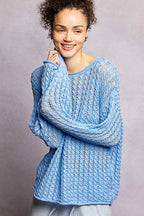 POL Womens Knit Top Blue Openwork Round Neck with Shiny Detail Long Sleeve EVENING BLUE 0c8483f1-e988-4f3f-b2bc-7ed5a1a6ea9f-Max-Origin Trendsi