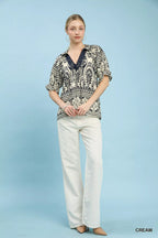 Umgee Blouse Cream Two Tone Boarder Print Top Short Puff Sleeves 0c8967cf-e507-4de9-8a4d-fff26a47714b-Max-Origin Trendsi