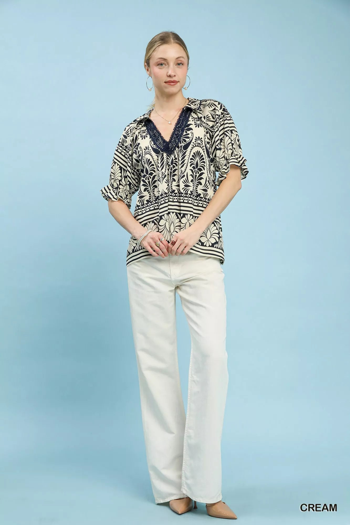 Umgee Blouse Cream Two Tone Boarder Print Top Short Puff Sleeves 0c8967cf-e507-4de9-8a4d-fff26a47714b-Max-Origin Trendsi