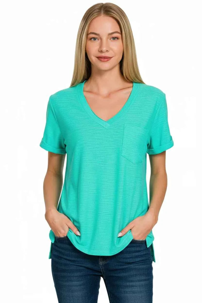 Zenana Women T-shirt Turquoise Slub Rolled Short Sleeve V-Neck Top Tee 0c9f8ea1-4f77-40a0-aa94-27fe5f1b4048-Max-Origin Trendsi