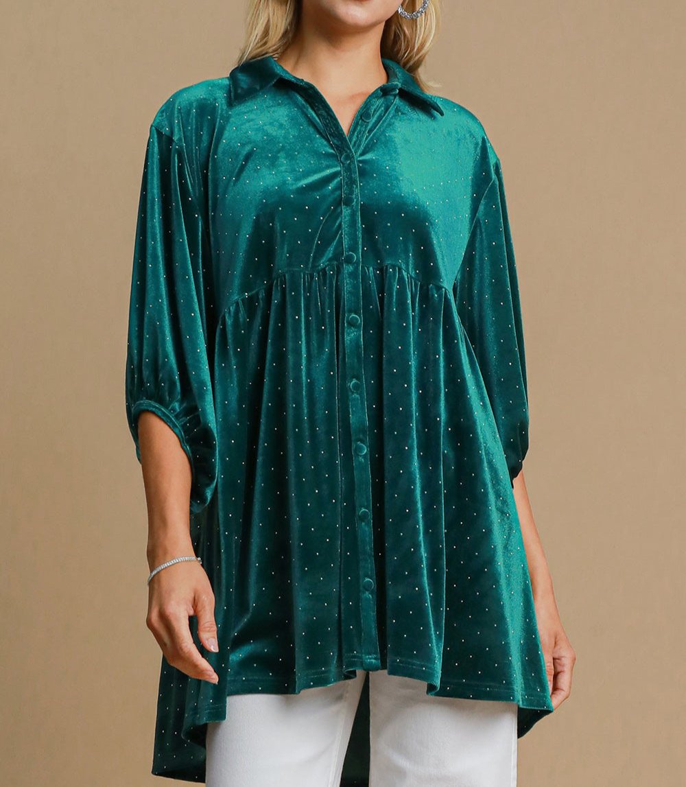 Umgee Women Shirt Polka Dot Teal Green Collared Neck Button Up Long Sleeve