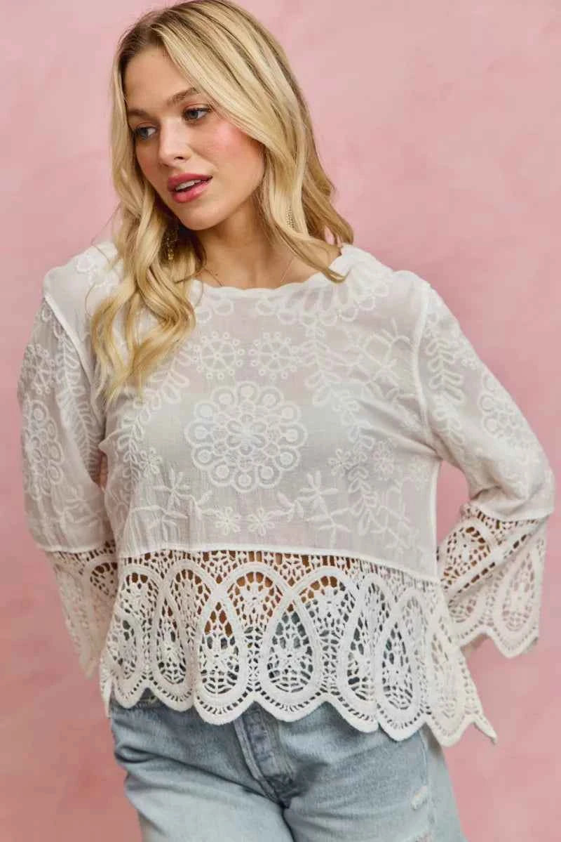 SO ME Floral Embroidered Crochet Lace Trimmed Top