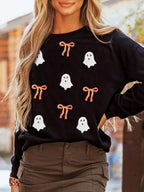 Halloween Women's Sweatshirt Black Ghost Bow Sequin Patched Drop Shoulder Black 0cb7c003-d6dc-4b3c-956f-835ec85f82f2-Max-Origin Trendsi